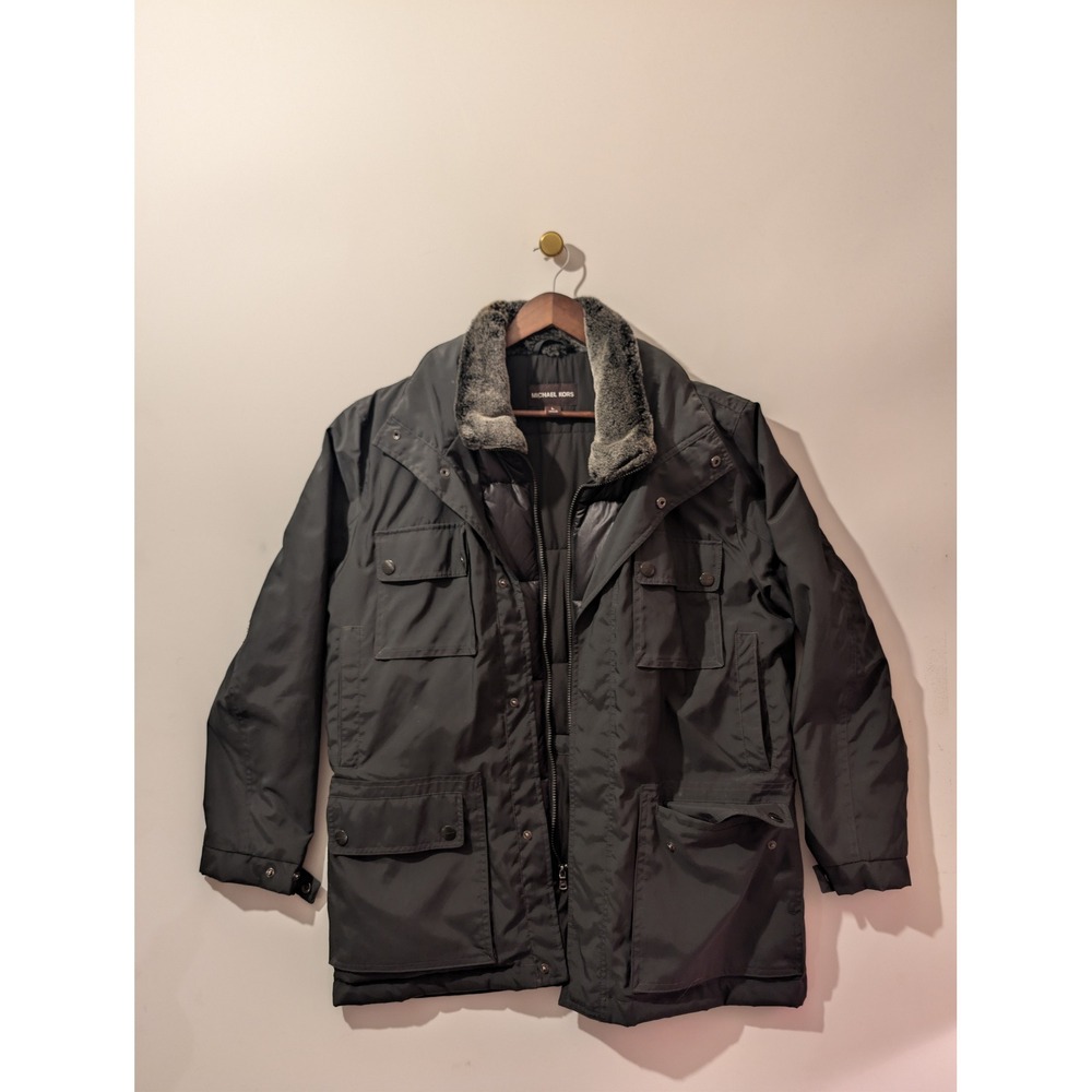 Michael Kors Parka Jacket Mens Large Black Excellent Faux Fur Trim Winter Coat